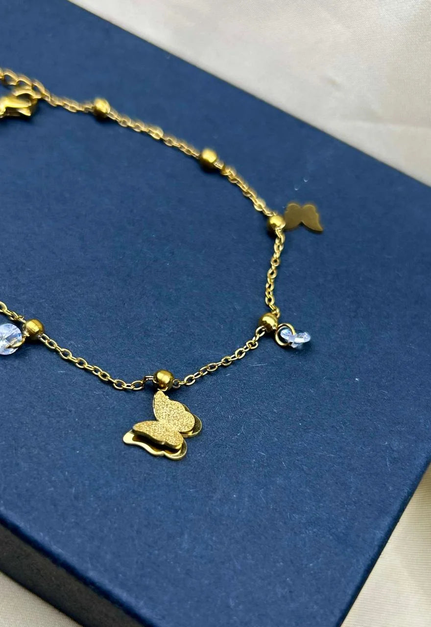 Golden Butterfly Anklet with Crystal Charms