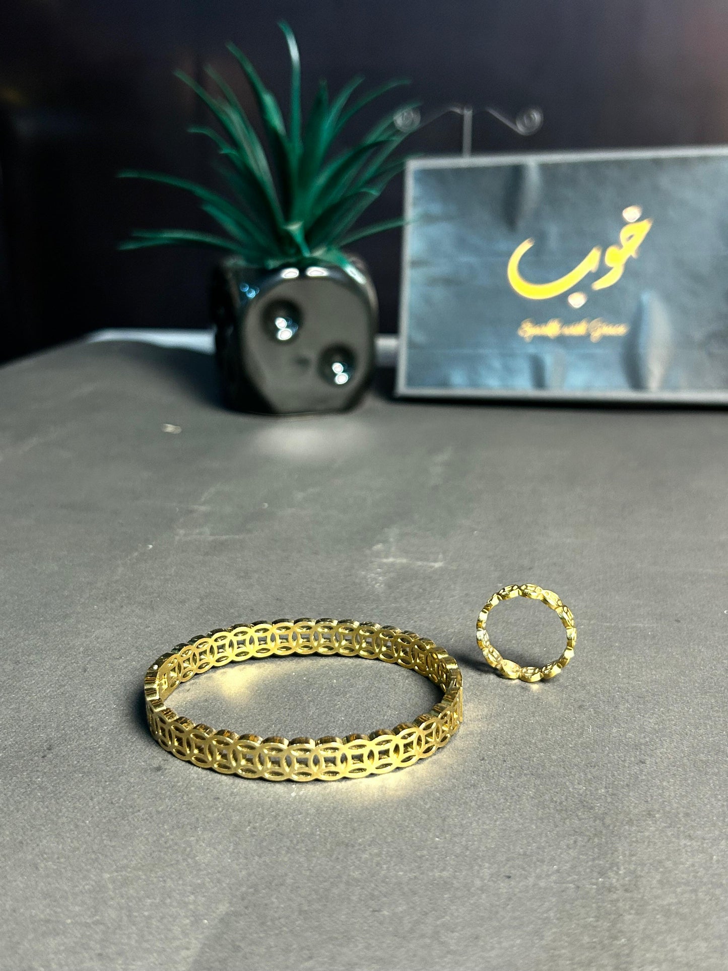 Gold Beaded Bangle and Ring