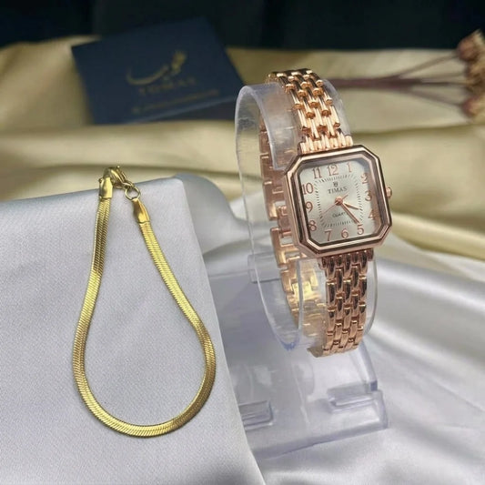TIMAS Quartz Rose-Gold Watch With Elegant Bracelet
