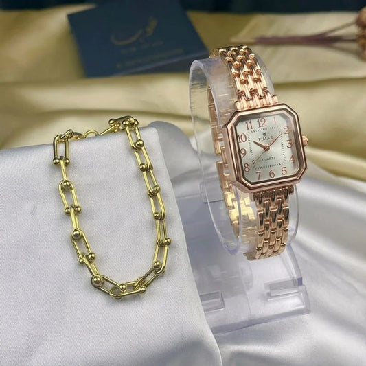 TIMAS Quartz Rose-Gold Watch With Aurora Bracelet