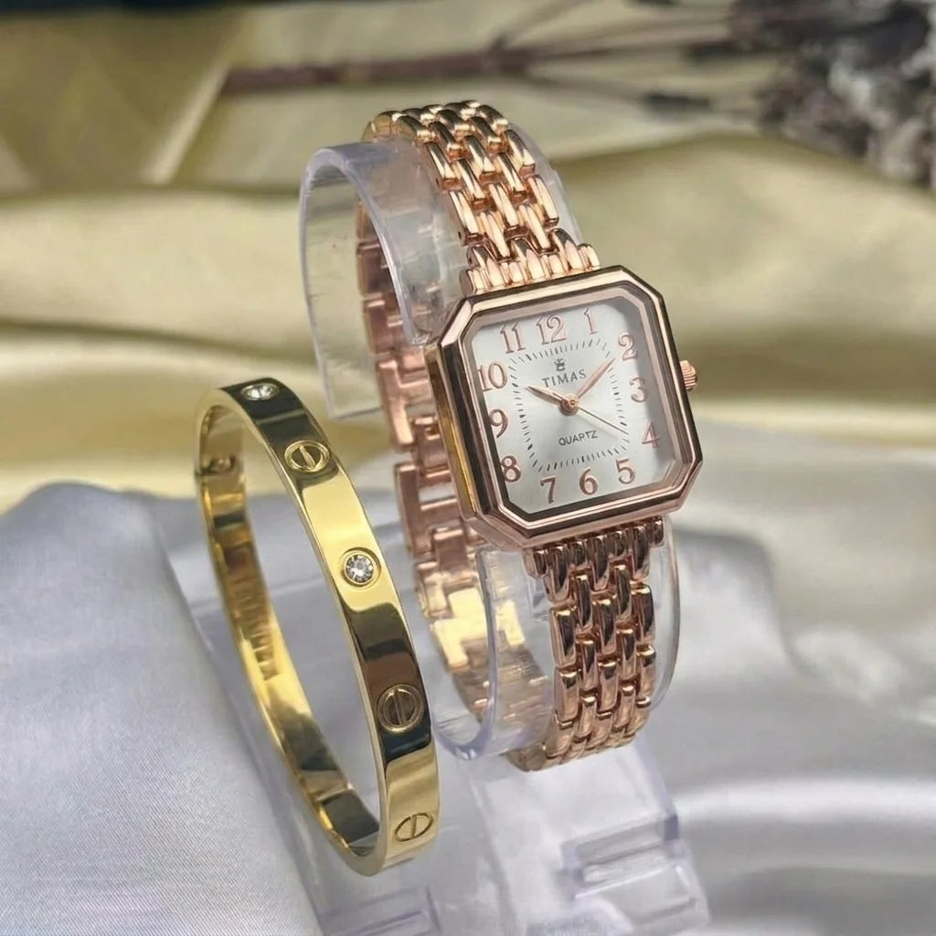 Timas Ladies Watch-Golden With Car-tier