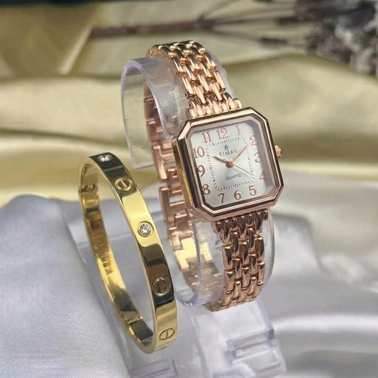 Timas Quartz Rose-Gold Watch With Car-tier