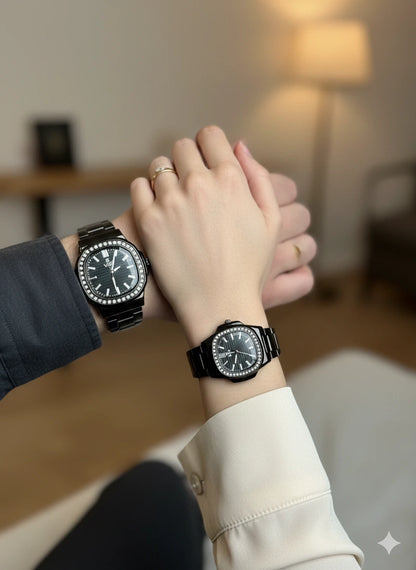 Classic Black Crystal Couple Watch