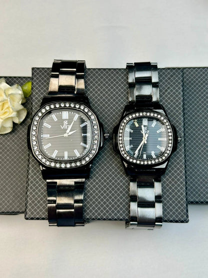 Classic Black Crystal Couple Watch