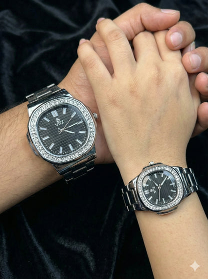 Classic Silver Crystal Couple Watch