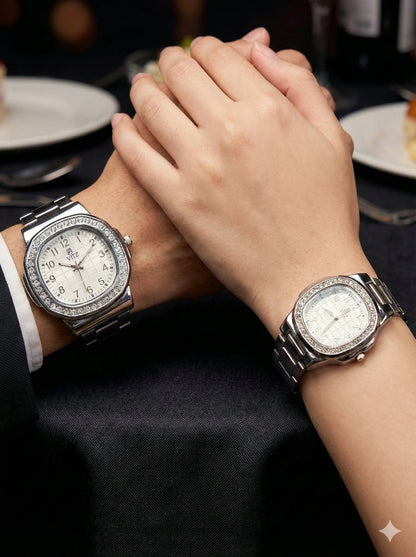 Classic Silver Crystal Couple Watch