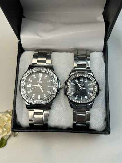 Classic Silver Crystal Couple Watch
