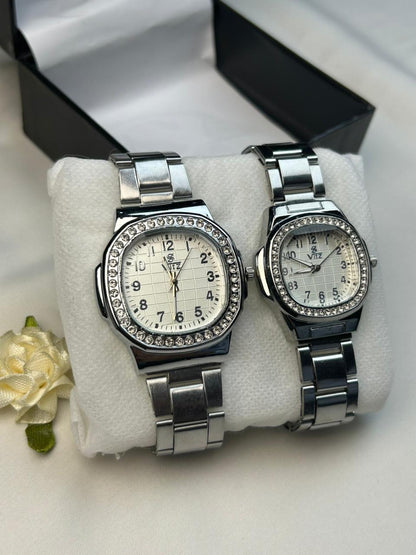 Classic Silver Crystal Couple Watch