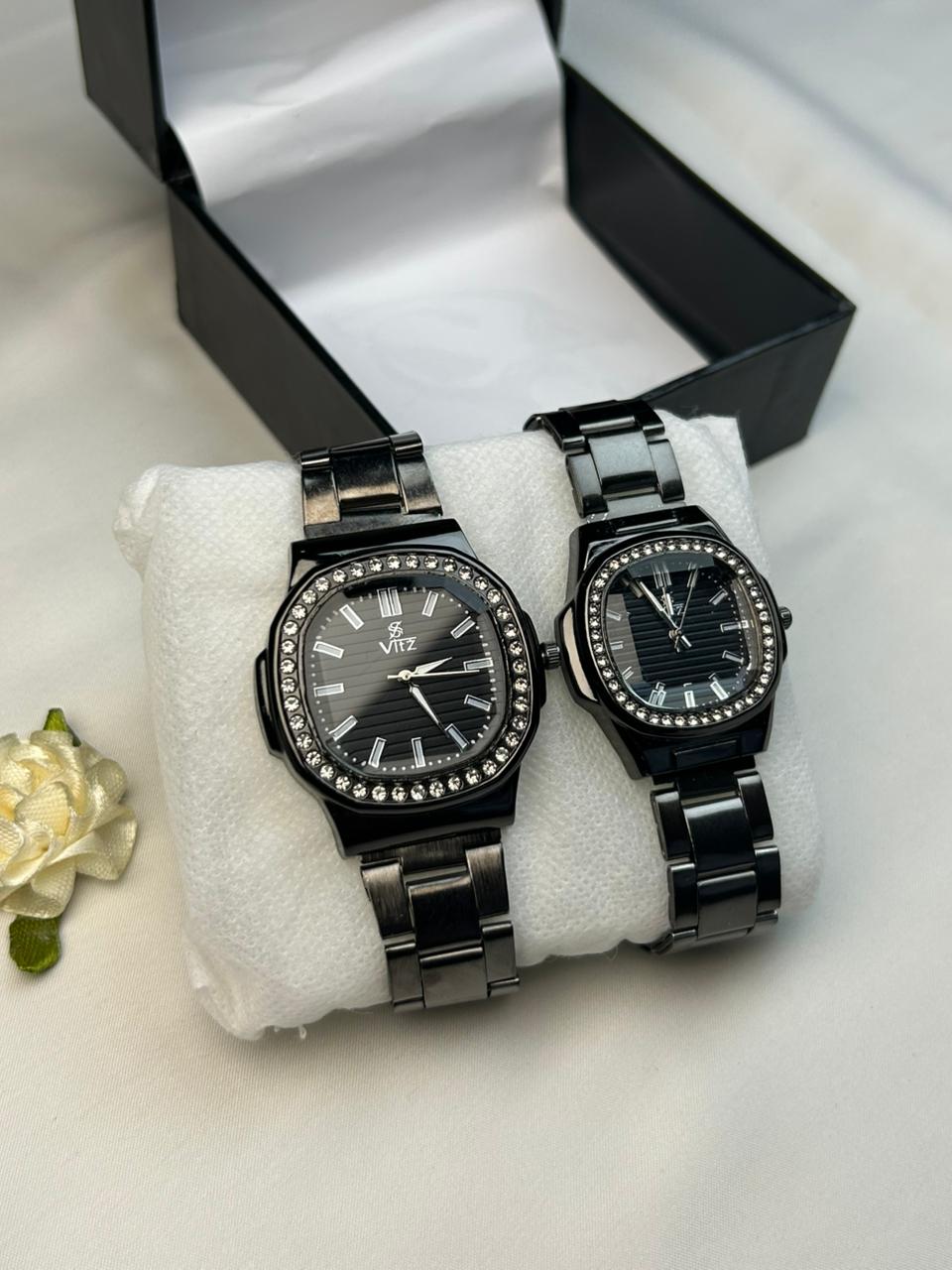 Classic Black Crystal Couple Watch