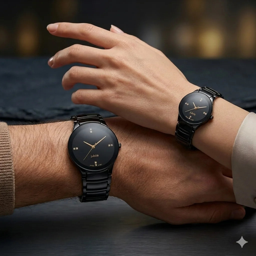 Two wrists wearing black wristwatches with a blurred background