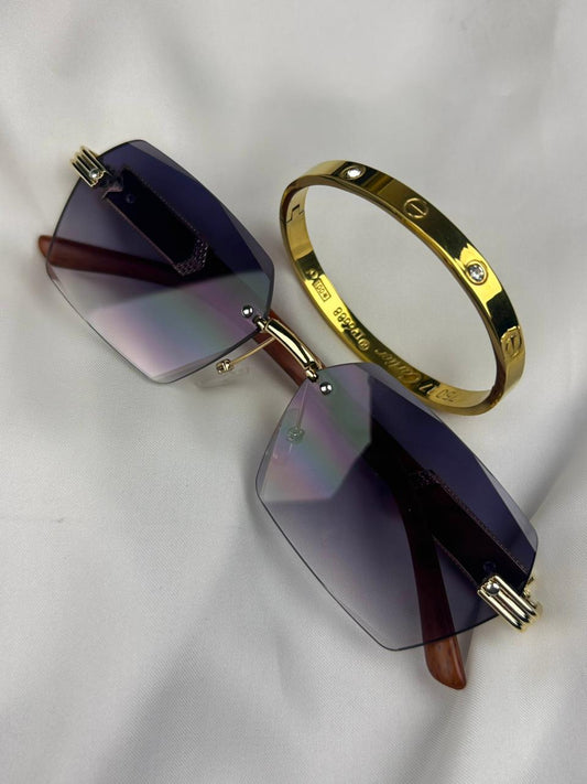 Everyday Glam Stack- Rimless Black Shades & Cart-ier Bracelet