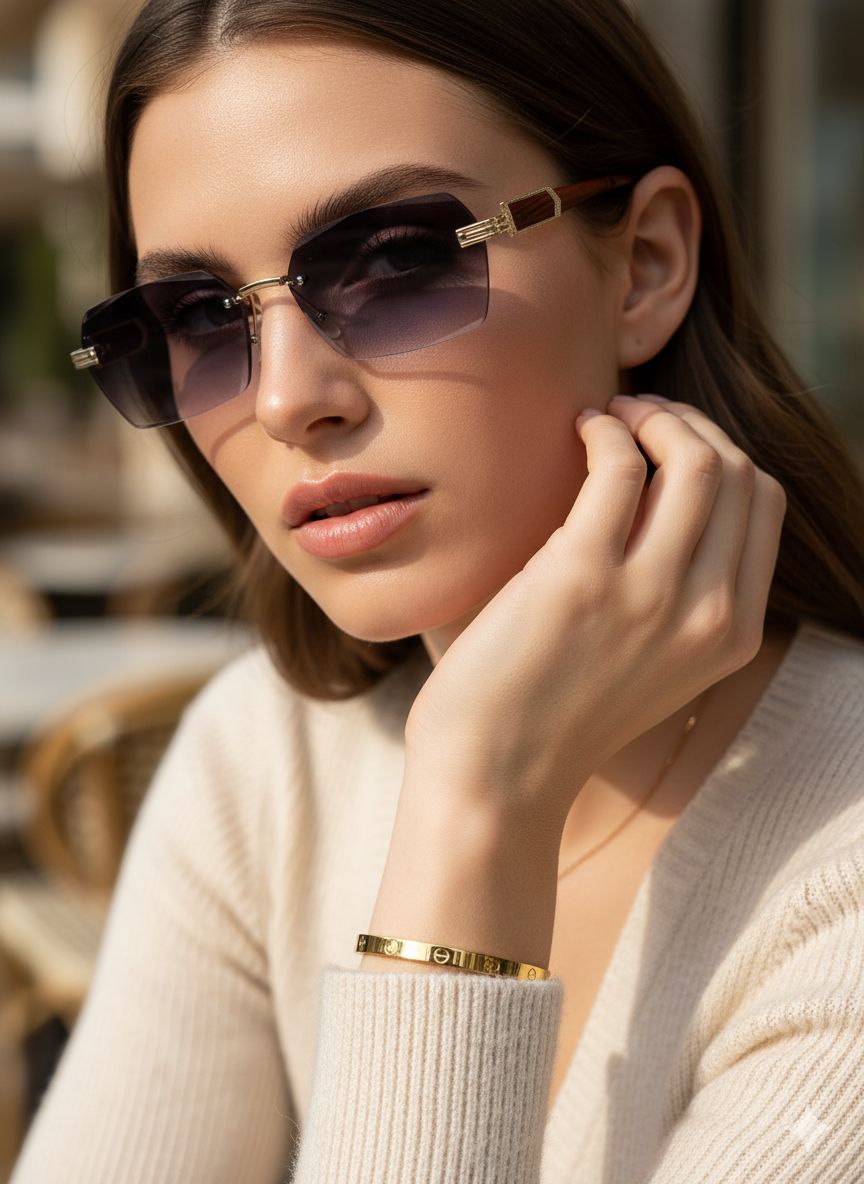 Everyday Glam Stack- Rimless Black Shades & Cart-ier Bracelet