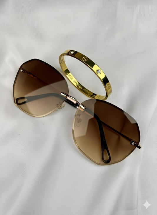 Everyday Glam Stack- Rimless Brown Shades & Cart-ier Bracelet