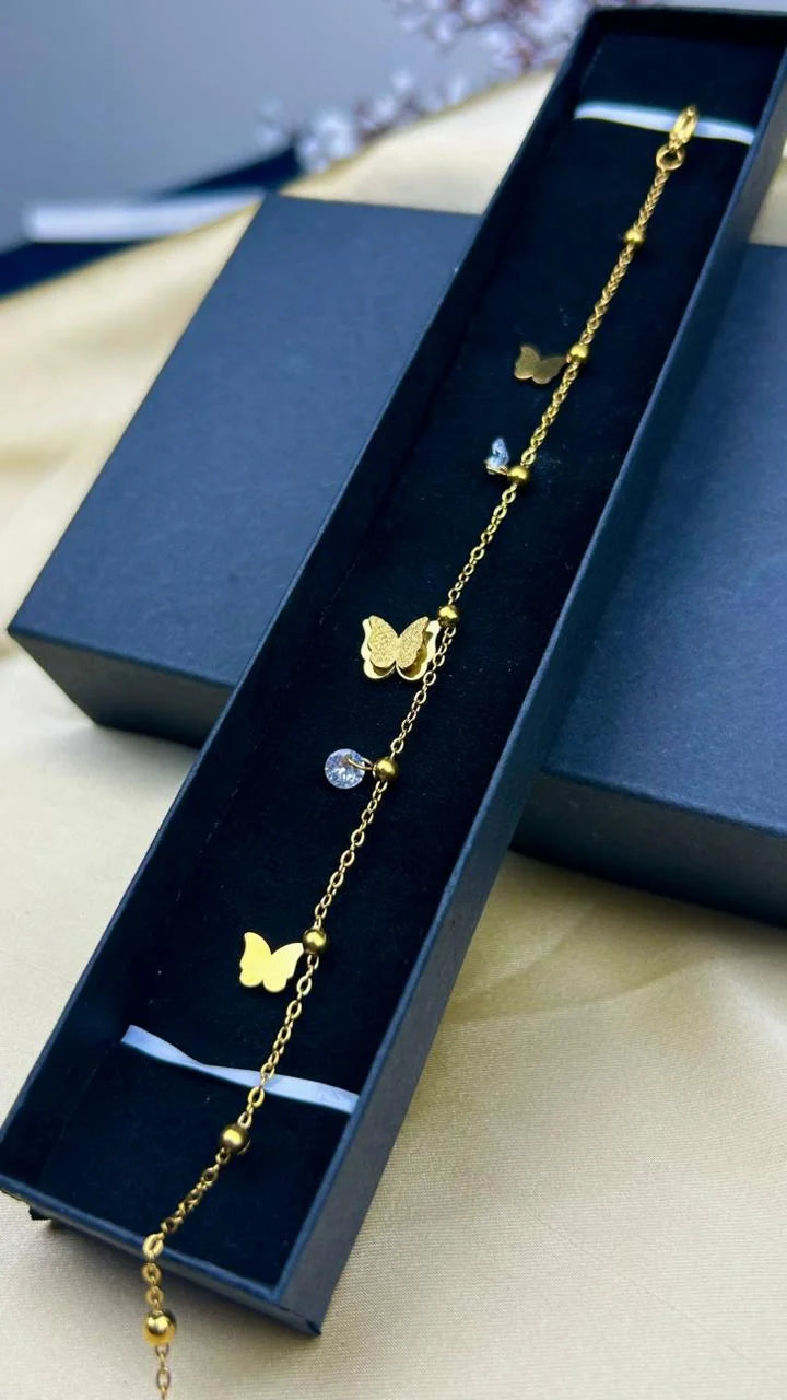 Golden Butterfly Anklet with Crystal Charms
