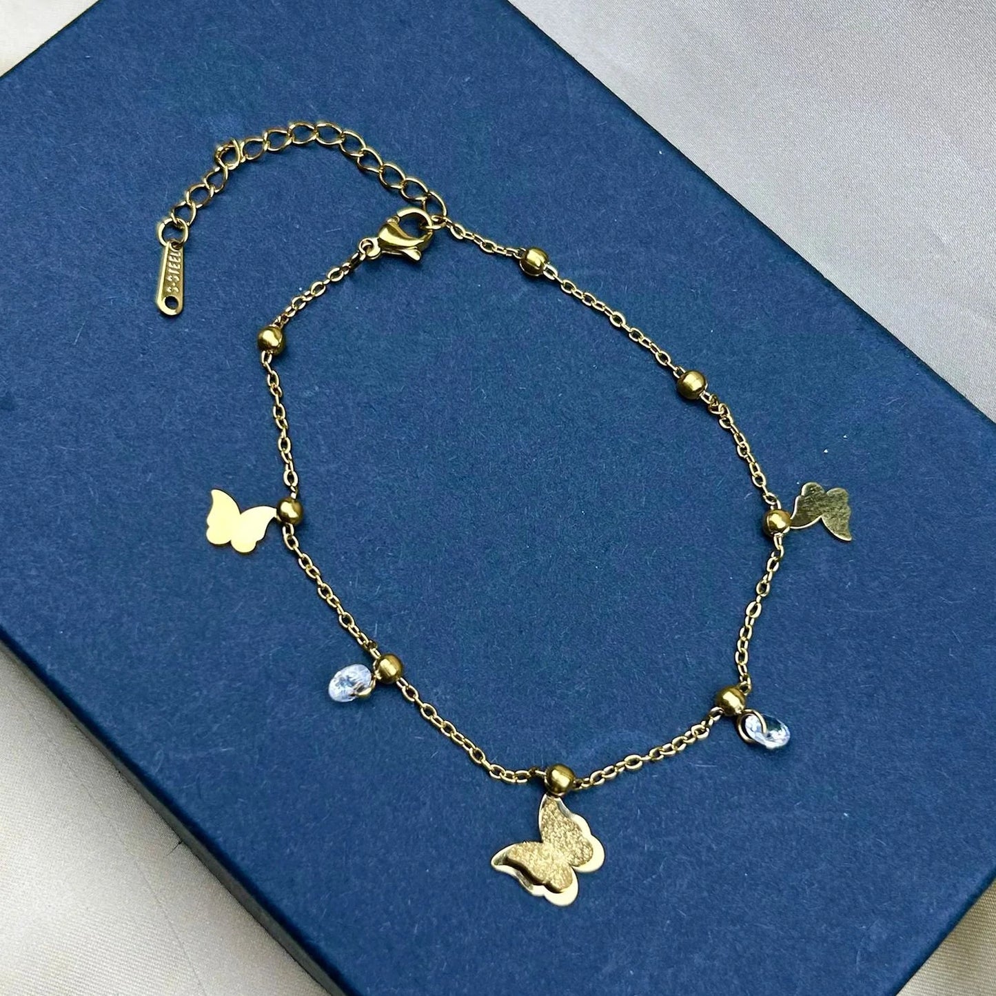 Golden Butterfly Anklet with Crystal Charms
