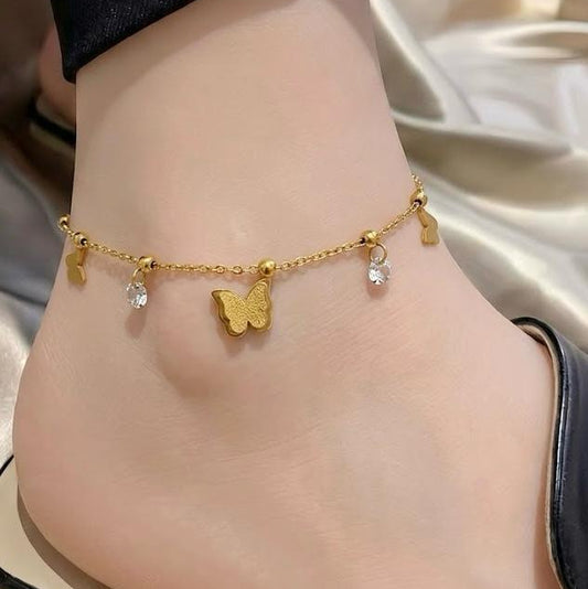 Golden Butterfly Anklet with Crystal Charms