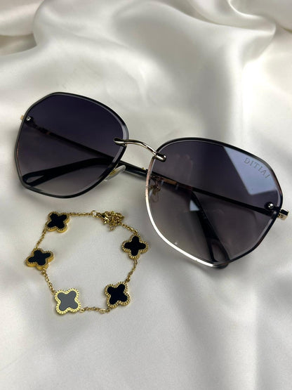 Soft Glam Clover Stack – Black Shades & Bracelet Set