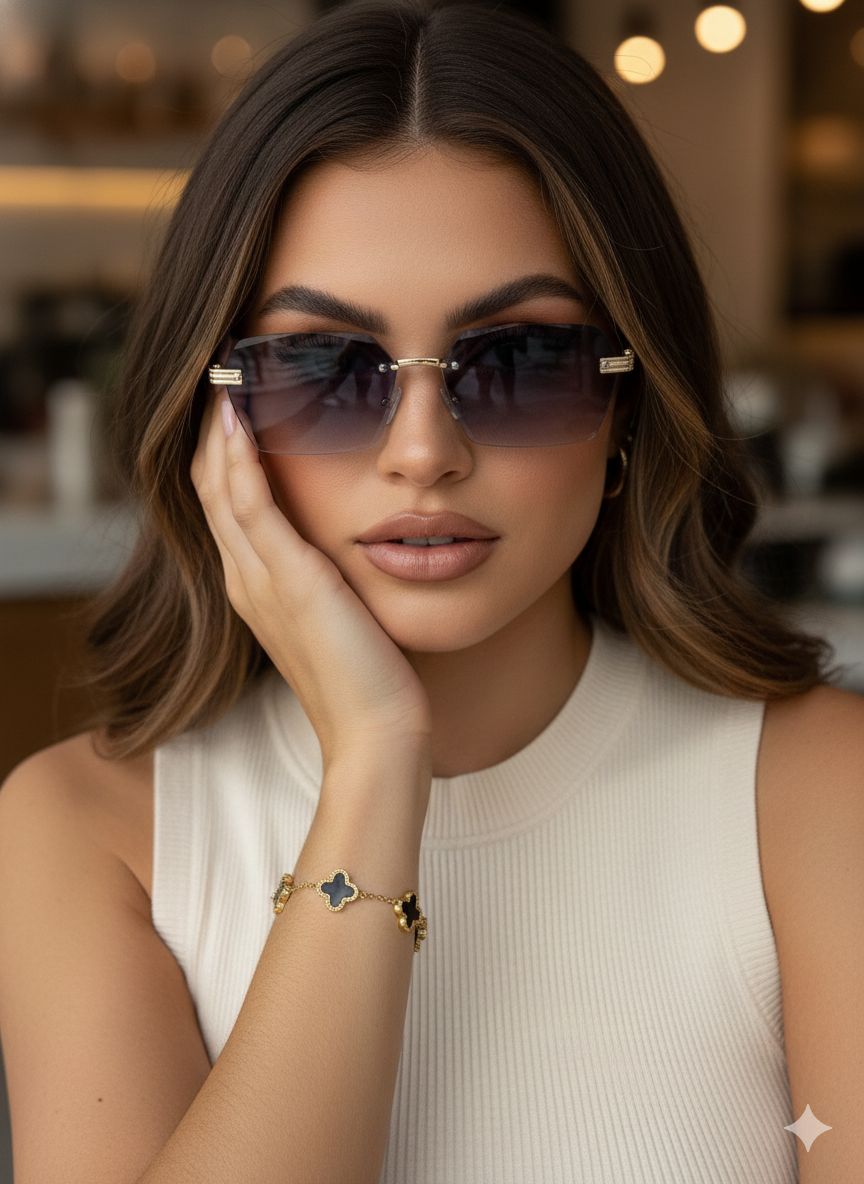Soft Glam Clover Stack – Rimless Shades & Bracelet Set