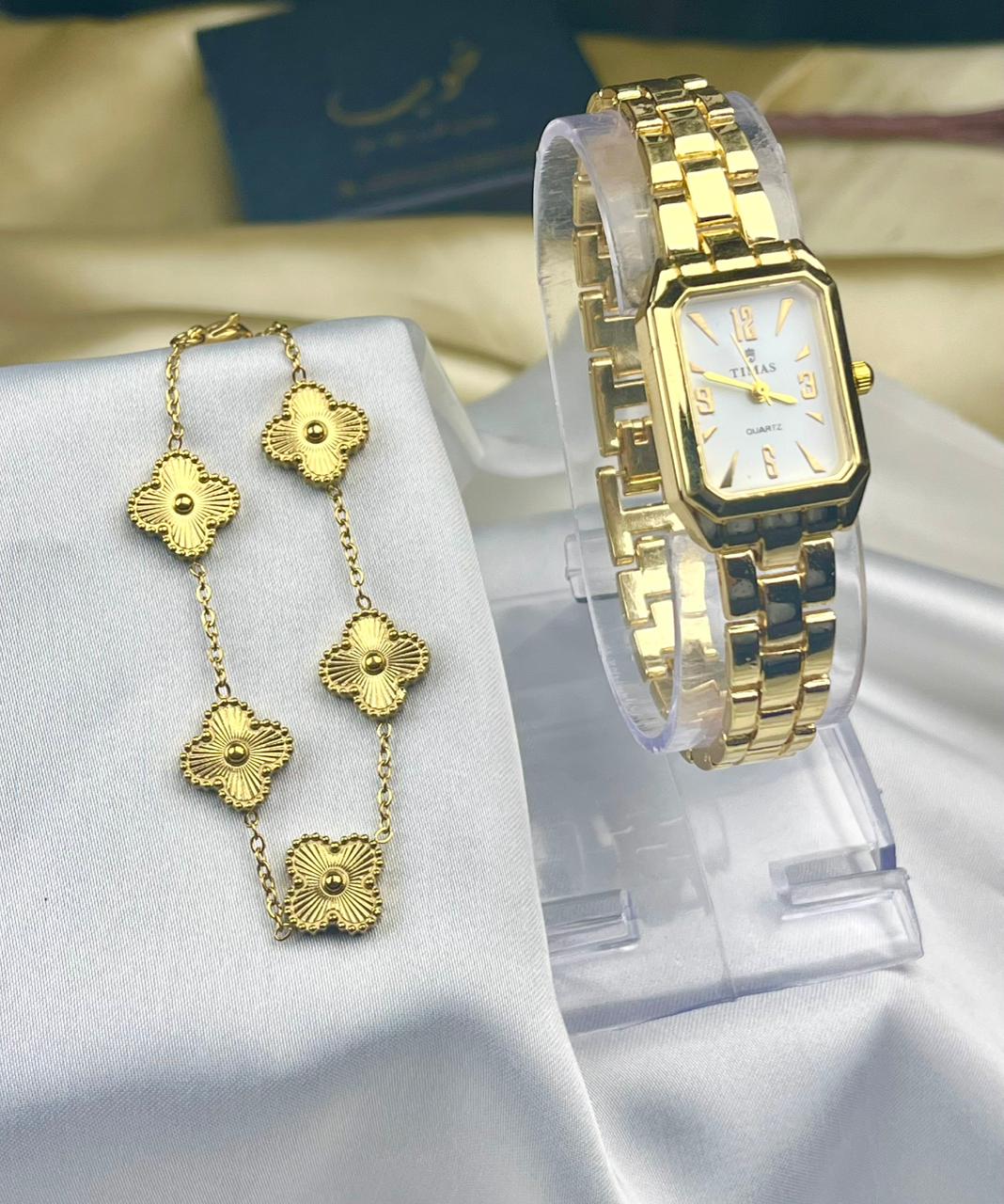 Timas Iconic Ladies Watch-Golden With Golden Clover