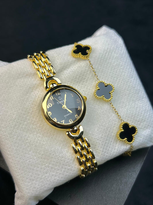 TIMAS Quartz Watch with Leaf Clover Bracelet – Golden