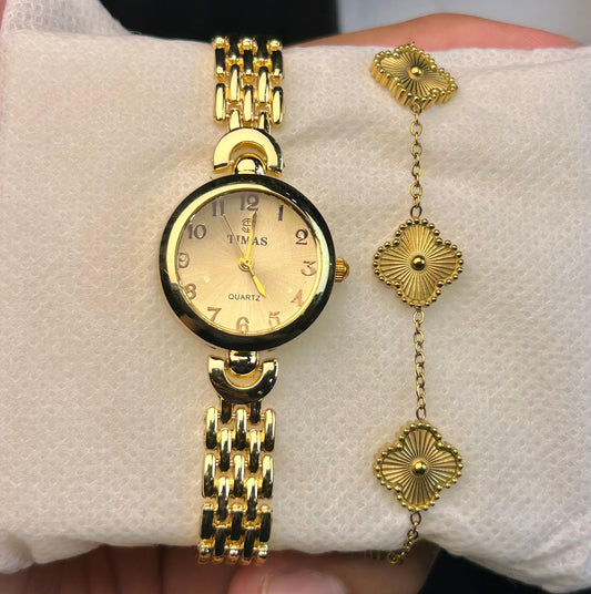 TIMAS Quartz Women Watch with Clover Bracelet - Golden