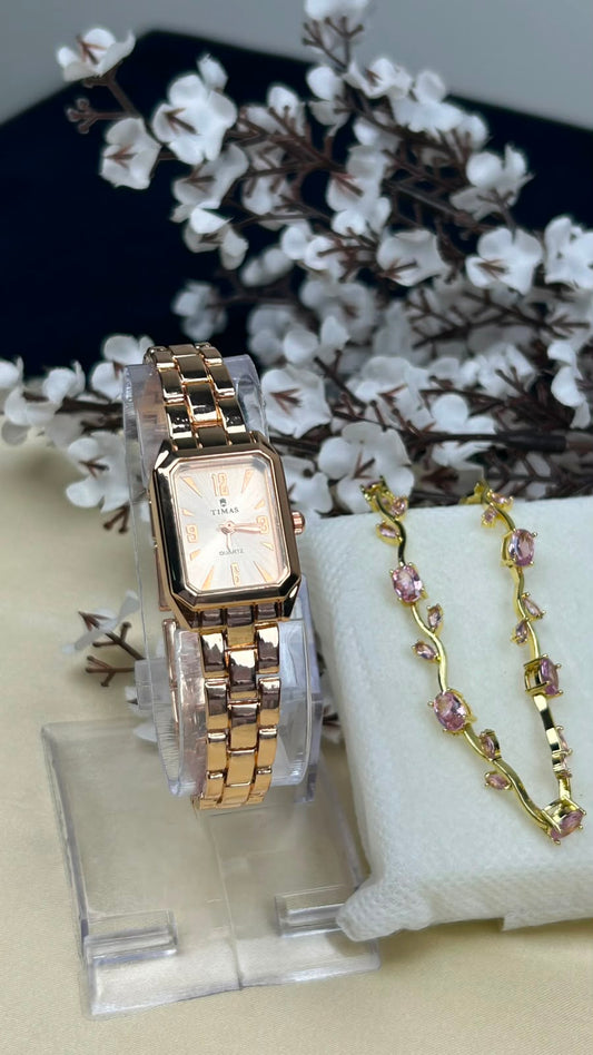 TIMAS Iconic Rose Gold Watch with Tulip Bracelet