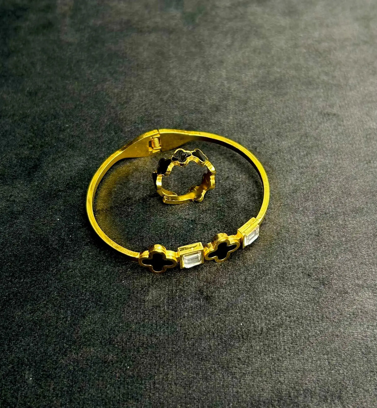 Trendy Black Clover Crystal Armlet and Ring