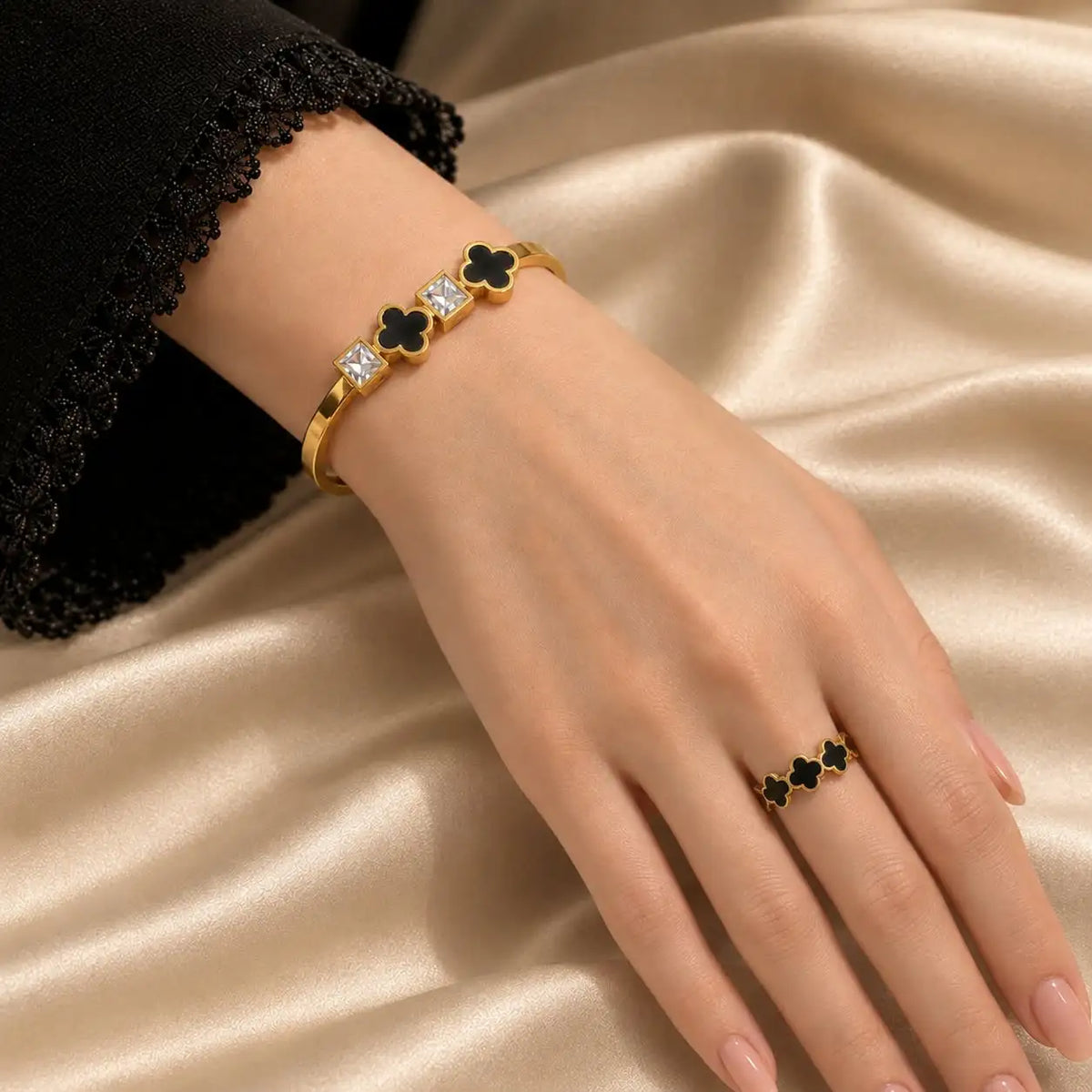 Trendy Black Clover Crystal Armlet and Ring