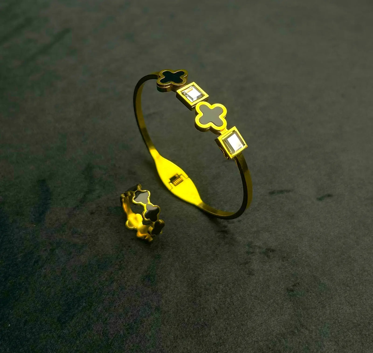 Trendy Black Clover Crystal Armlet and Ring