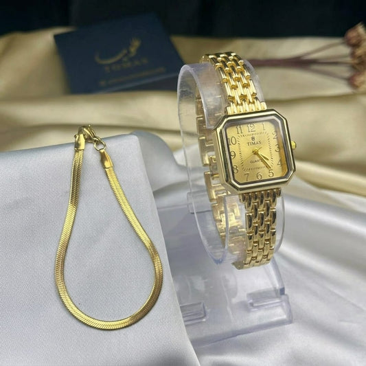 Vintage Style Ladies Watch-Golden With Elegant Bracelet
