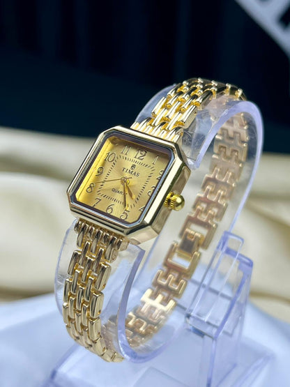 vintage style gold ladies watch with linked bracelet strap