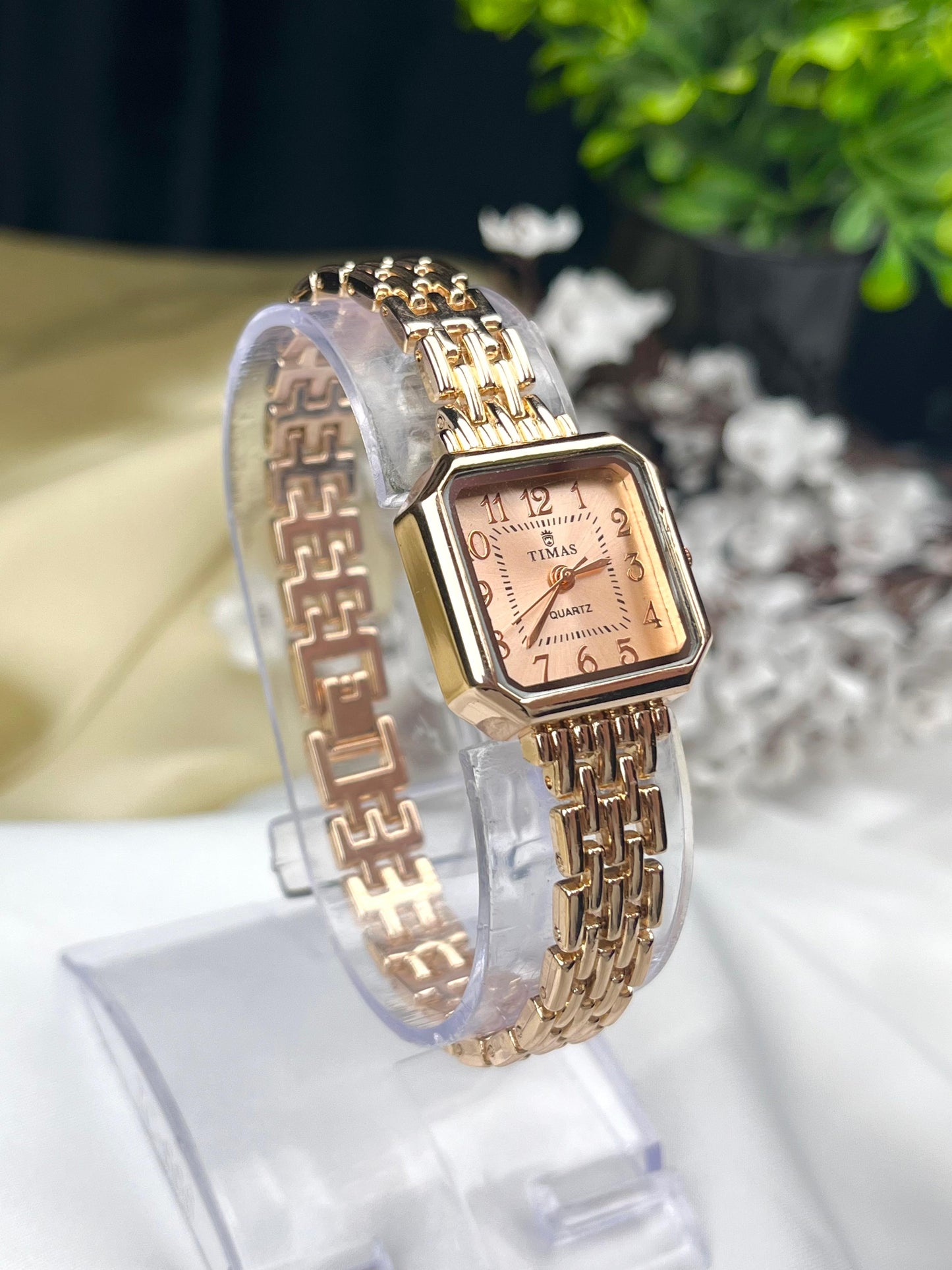 vintage style rose gold ladies watch with square dial bracelet strap