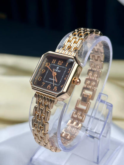 vintage style rose gold ladies watch with square dial bracelet strap