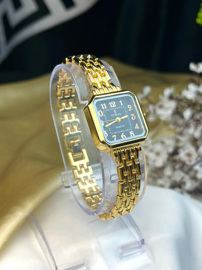 vintage style gold ladies watch with linked bracelet strap