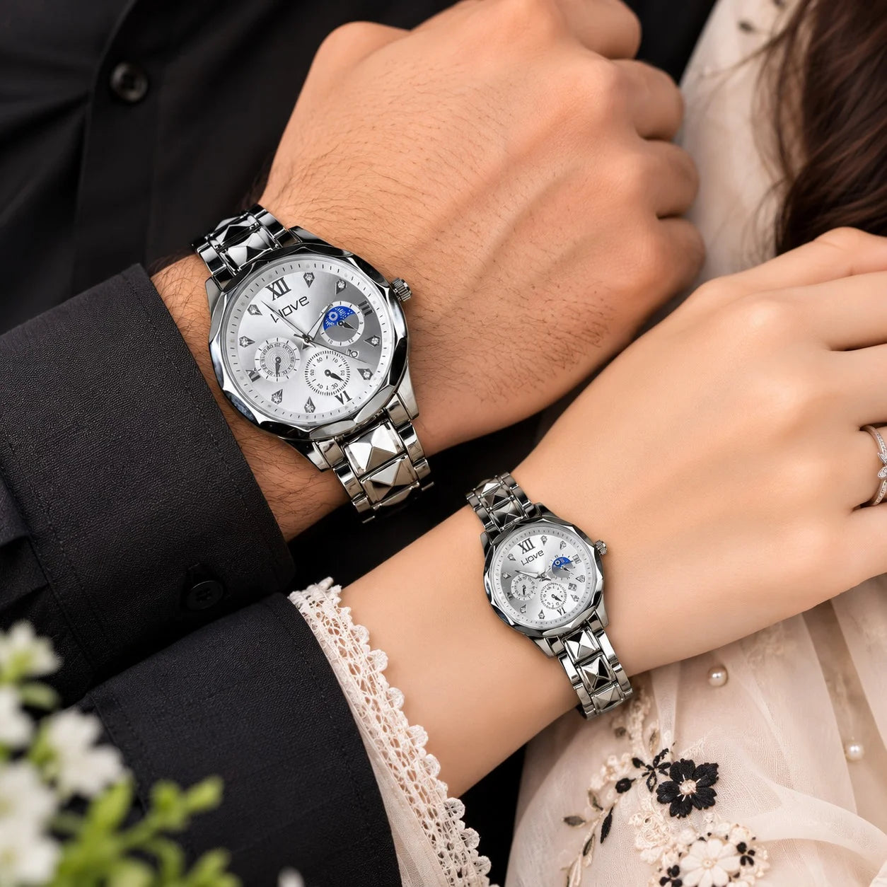 Classic WAVE Silver tone Couple Watch